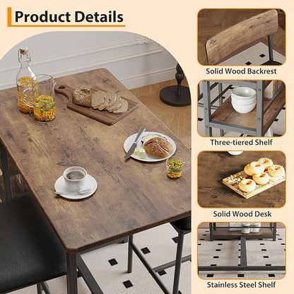 Bar Table Set for 2 with 3 Storage Shelves, Space-Saving Kitchen Table & Chairs with PU Cushions, Thick MDF Wood Top and Steel Frame for Apartment and Bistros - Brown