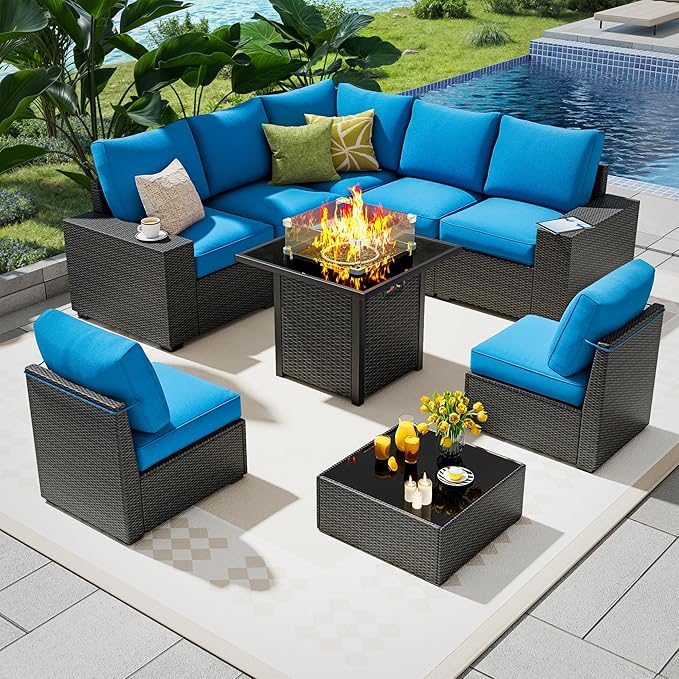 9 Piece Outdoor Patio Furniture Set with 28'' Fire Pit Table, Outdoor Sectional Furniture, Rattan & Wicker Modern Modular Conversation Set Sofa Couch W/Water Resistant Thick Cushions, Peacockblue