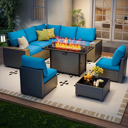 9 Piece Outdoor Patio Furniture Set with 43'' Fire Pit Table, Outdoor Sectional Furniture, Rattan & Wicker Modern Modular Conversation Set Sofa Couch W/Water Resistant Thick Cushions, Peacockblue