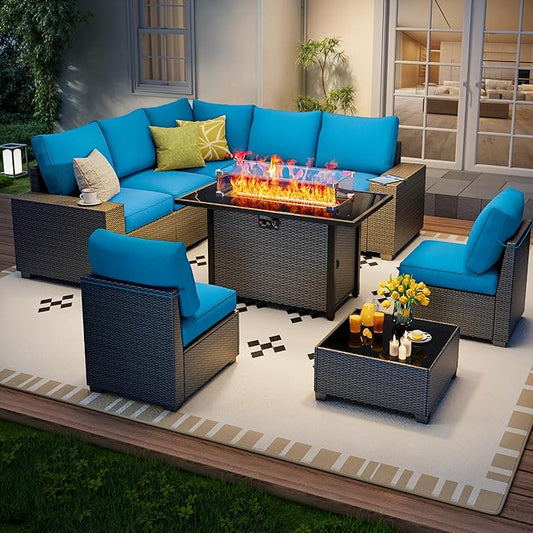 9 Piece Outdoor Patio Furniture Set with 43'' Fire Pit Table, Outdoor Sectional Furniture, Rattan & Wicker Modern Modular Conversation Set Sofa Couch W/Water Resistant Thick Cushions, Peacockblue