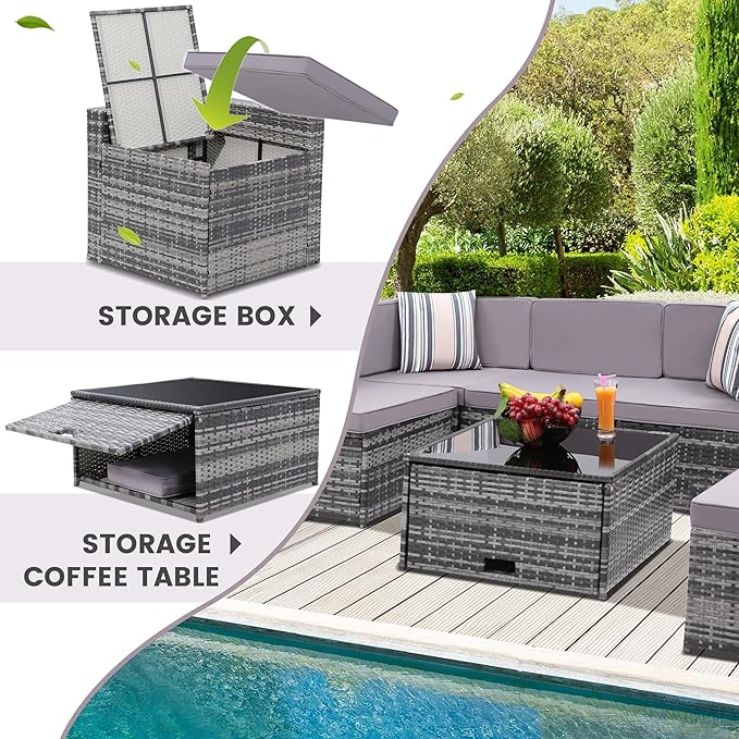 KROFEM 8-Piece Patio Furniture Set, Outdoor Wicker Rattan Sectional with Thick Cushions, Glass Top Table with Hidden Storage, Outdoor Conversation Set for Backyard, Porch, Patio, Light Grey
