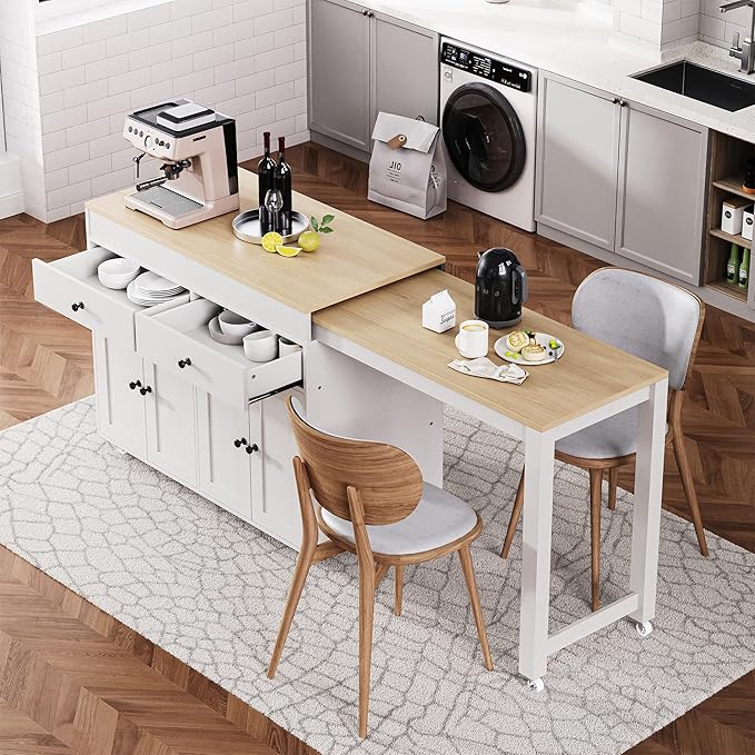 74.5 inch Rolling Kitchen Island Cart with Extendable Dining Table and 4 Door Cabinet,Spice Rack and 2 Drawers,for Living Room Dining Room (White#Rack)