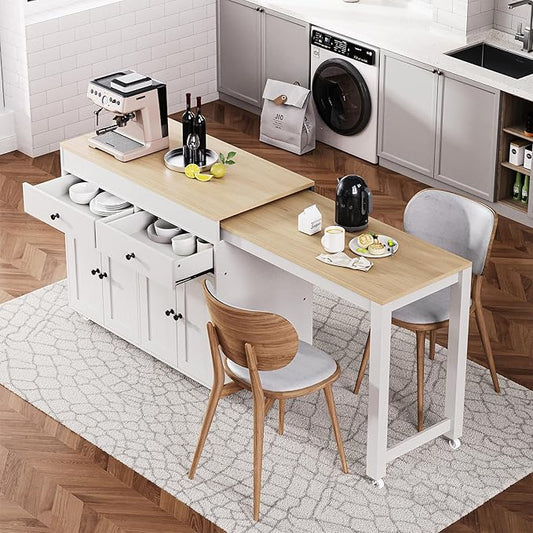 Merax 74.5" Kitchen Island with Extendable Dining Table, Rolling Kitchen Storage Cart on Wheels with Spice Rack & 2 Drawers & 4 Door Cabinet for Dining Room, White