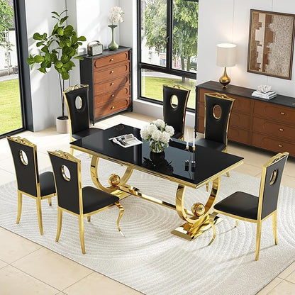 7-Piece Modern Luxury Dining Table Set, 70" Black Tempered Glass Kitchen Table with Gold Polished Stainless Steel U-Shaped Pedestal Base and 6 Black Hollow-Out Design Chairs for Dining Room, Office