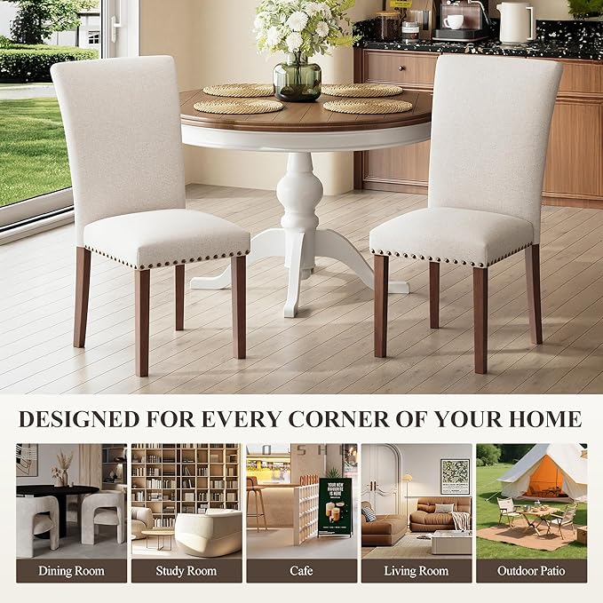 COLAMY Upholstered Parsons Dining Chairs Set of 2, Fabric Dining Room Kitchen Side Chair with Nailhead Trim and Wood Legs - Beige