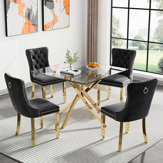 36" Square Dining Table for 4, Modern Clear Glass Kitchen Table for 4 with Gold X Metal Legs, Contemporary Small Glass Dining Room Leisure Tables for Kitchen Apartment
