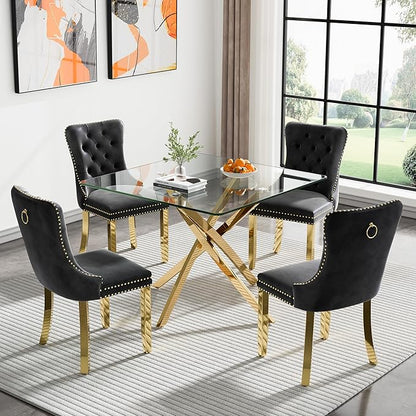 36" Square Dining Table for 4, Modern Clear Glass Kitchen Table for 4 with Gold X Metal Legs, Contemporary Small Glass Dining Room Leisure Tables for Kitchen Apartment