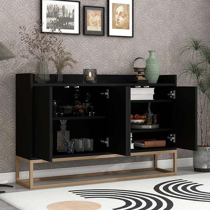 LUMISOL Modern Wood Kitchen Storage Sideboard Buffet Cabinet Console Table with Doors Wood Coffee Bar Cabinet with Shelves and Metal Base