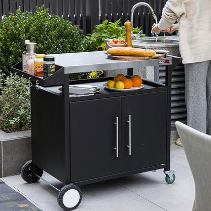 OuterMust Grill Table Outdoor Kitchen Cabinet, Moveable Outdoor Prep Table & Bar for Storage, Grilling and Pizza Oven, Multifunctional Silver & Black