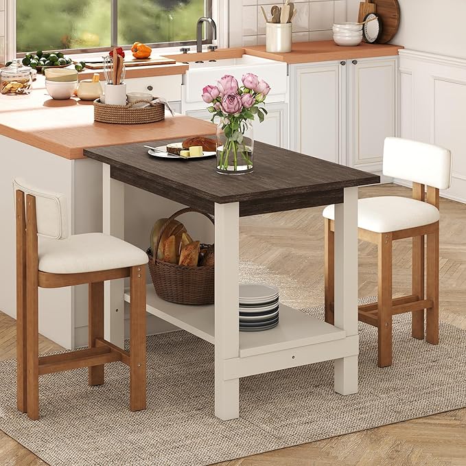 3-Piece Counter Height Dining Table Set for 2, Bar Height Table and 2 Bar Stools for Kitchen Island/Dining Room(Brushed Brown Table & White Barstools)