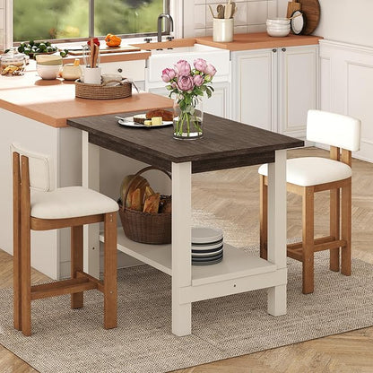 3-Piece Counter Height Dining Table Set for 2, Bar Height Table and 2 Bar Stools for Kitchen Island/Dining Room(Brushed Brown Table & White Barstools)