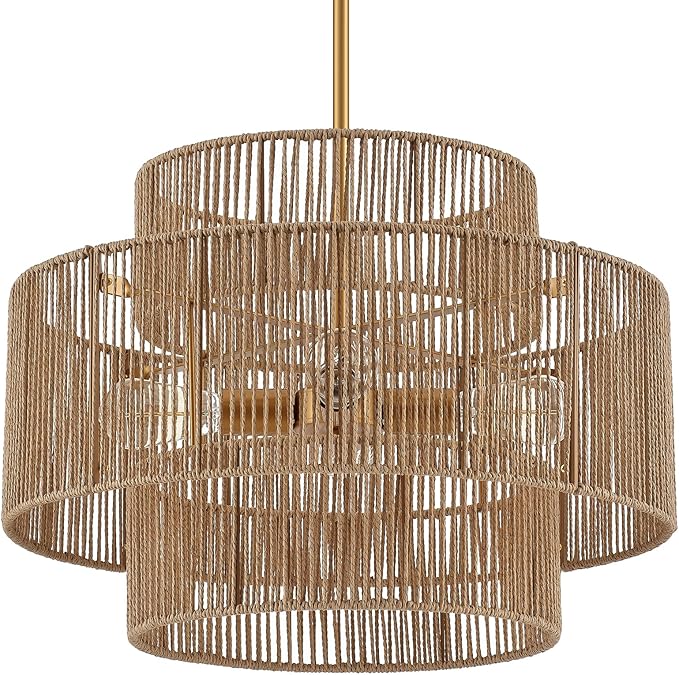24” Boho Hand Woven Rattan Chandelier 3 Round Adjustable 4-Light Large Pendant Light for Kitchen Island Dining Room Living Room Hallway, Brass, UL Listed