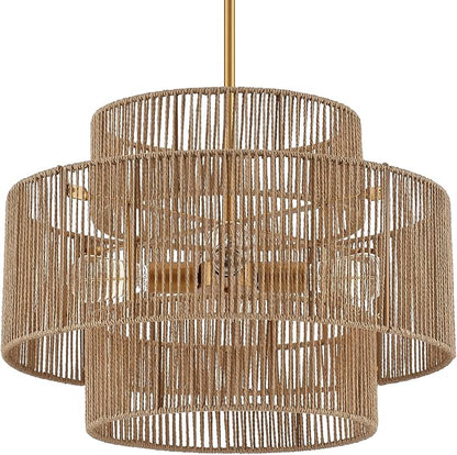 24” Boho Hand Woven Rattan Chandelier 3 Round Adjustable 4-Light Large Pendant Light for Kitchen Island Dining Room Living Room Hallway, Brass, UL Listed