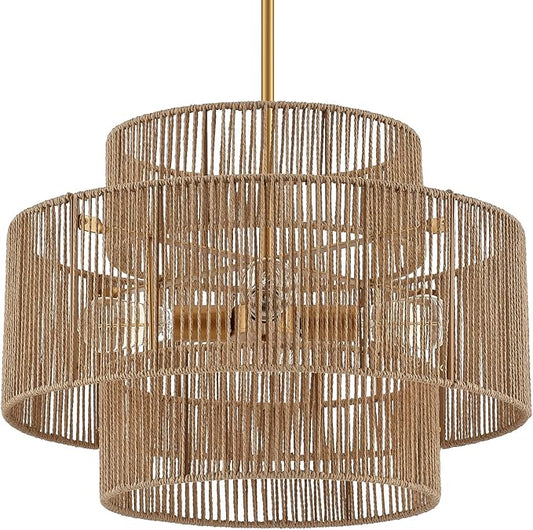 24” Boho Hand Woven Rattan Chandelier 3 Round Adjustable 4-Light Large Pendant Light for Kitchen Island Dining Room Living Room Hallway, Brass, UL Listed