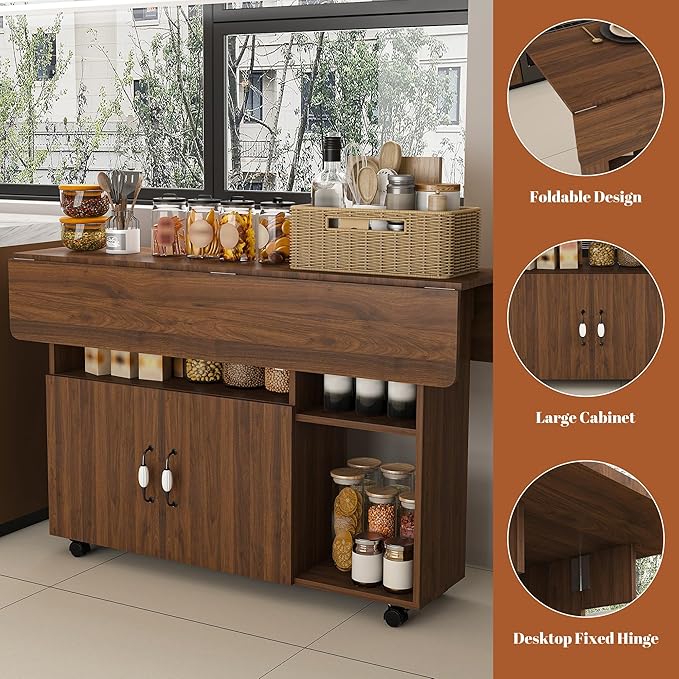 47" Foldable Dining Table for Small Space, Farmhouse Folding Kitchen Table with Storage Shelves and Wheels, Versatile Drop Leaf Table Extendable for Living Room, Dorm, Office, RV (Walnut)