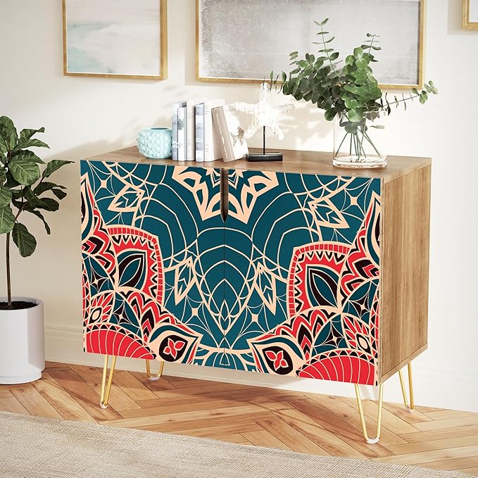 SIGNWIN Sideboard Buffet Cabinet, Kitchen Storage Cabinet with 2 Doors, Colorful Indian Floral Mandala Pattern, Cupboard Console Table for Dining Room - 35" L x 18" W x 29" H