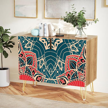 SIGNWIN Sideboard Buffet Cabinet, Kitchen Storage Cabinet with 2 Doors, Colorful Indian Floral Mandala Pattern, Cupboard Console Table for Dining Room - 35" L x 18" W x 29" H