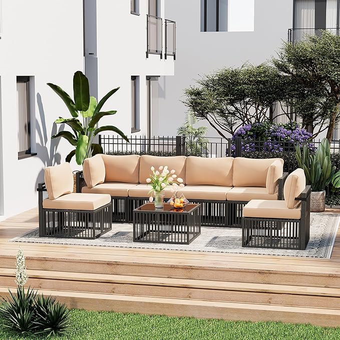 Pamapic 7-Piece Outdoor Sectional Set, Large Wicker Patio Furniture Set with Coffee Table and Washable Cushions Covers, All-Weather Patio Sofa Conversation Set for Backyard, Poolside, Garden