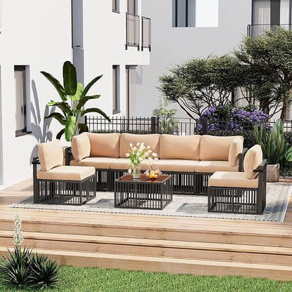 Pamapic 7-Piece Outdoor Sectional Set, Large Wicker Patio Furniture Set with Coffee Table and Washable Cushions Covers, All-Weather Patio Sofa Conversation Set for Backyard, Poolside, Garden