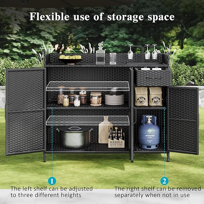 47.5 Inch Outdoor Storage Cabinet Wicker Buffet Table Patio Sideboard Tempered Glass Top Adjustable Shelves 3 Door Rattan Kitchen Island Drawer Dining Serving Console Metal Frame Black Brown