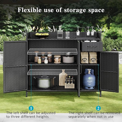 47.5 Inch Outdoor Storage Cabinet Wicker Buffet Table Patio Sideboard Tempered Glass Top Adjustable Shelves 3 Door Rattan Kitchen Island Drawer Dining Serving Console Metal Frame Black Brown