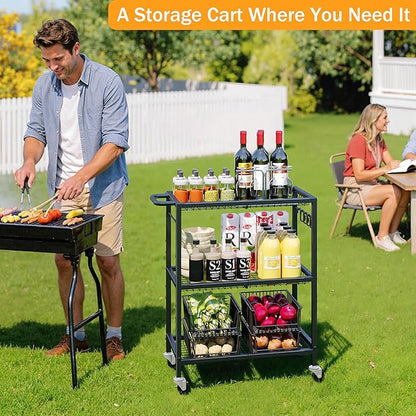 3-Tier Rolling Cart, Space-Saving Kitchen Cart with 150Lbs Capacity, Black Storage Cart with 2 Lockable Wheels for Kitchen Island, Restaurant, Garage, Backyard