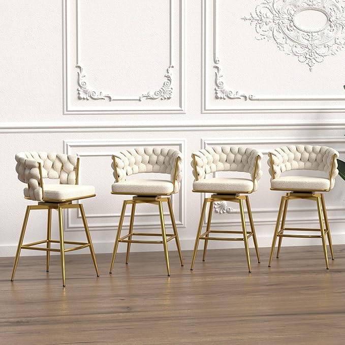 26" Bar Chair Toweling Woven Bar Stool Set of 2,Golden Legs Bar stools No Adjustable Kitchen Island Chairs,360 Swivel Bar Stools Upholstered Counter Stool Arm Chairs with Back Footrest (White)