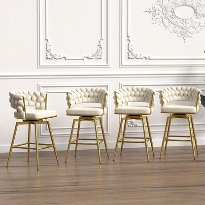 26" Bar Chair Toweling Woven Bar Stool Set of 2,Golden Legs Bar stools No Adjustable Kitchen Island Chairs,360 Swivel Bar Stools Upholstered Counter Stool Arm Chairs with Back Footrest (White)