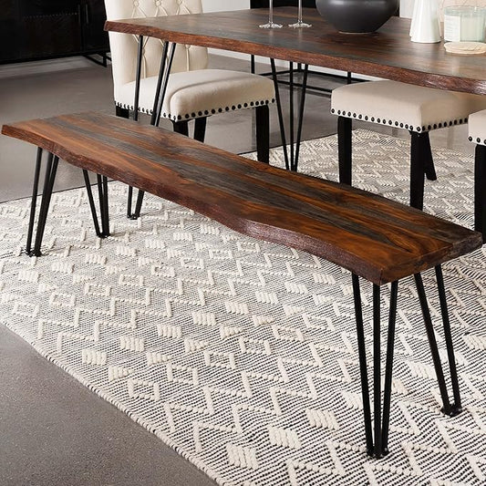 Hairpin Leg Bench Grey Sheesham Live Edge Wood Dining Bench for Kitchen Island and Entryway Seating Furniture