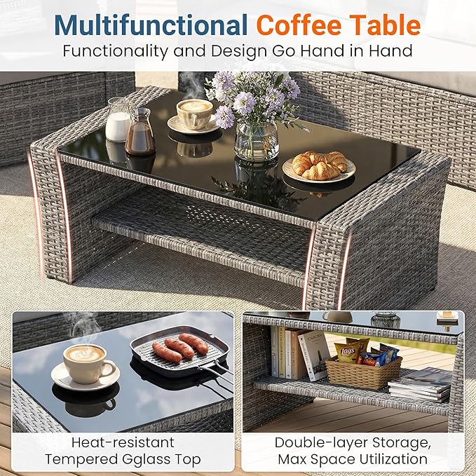 Wisteria Lane Patio Furniture Set, 5 Pieces Wicker Outdoor Furniture for All Weather, Patio Sofa with High Backrest Support and Wide Armrest for Backyard, Balcony, Deck, Porch, Navy Blue