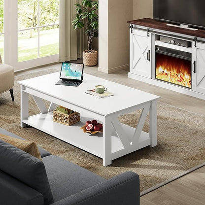 WLIVE Coffee Table with Storage Shelf, 39.4" Farmhouse Coffee Table with V-Frame Support, 2-Tier Wood Rustic Center Table for Living Room, Bedroom & Balcony, All White