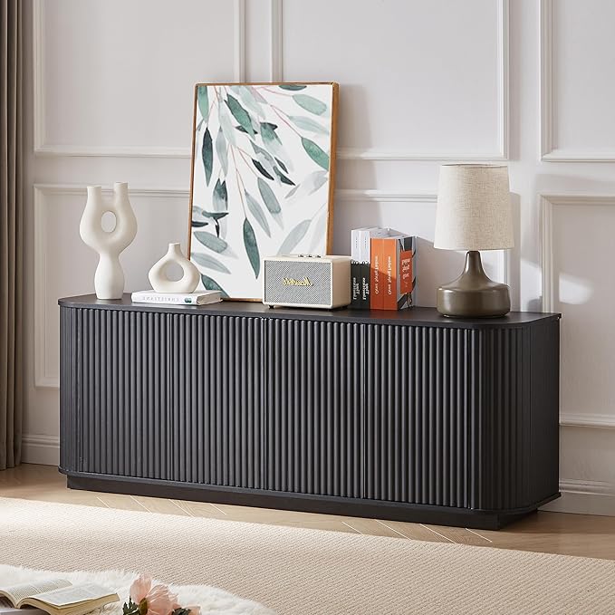 Ball & Cast 64" Buffet Cabinet with Storage Accent Sideboard Modern Credenza with Doors & Adjustable Shelves,Fluted Media Console TV Stand for Living Room,Black