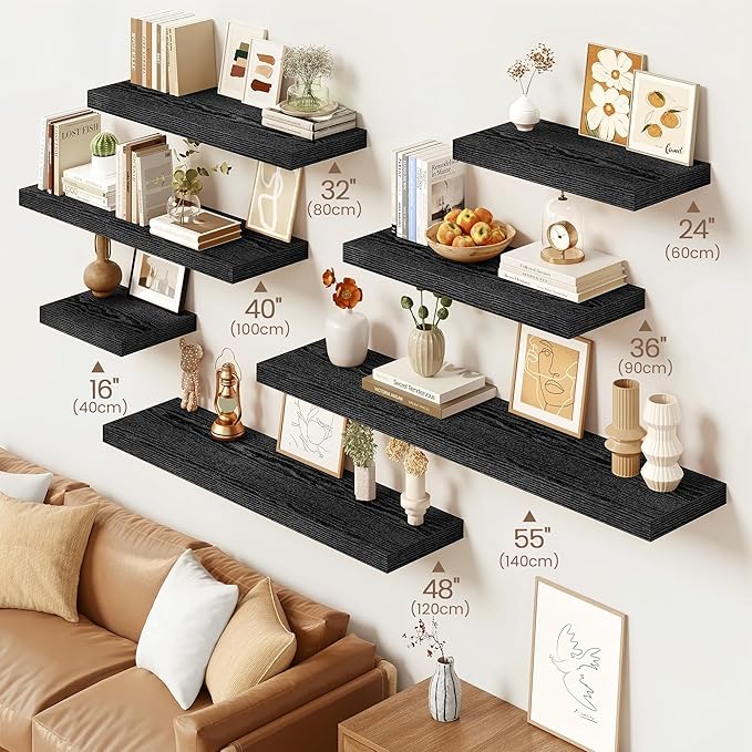 Vivelove Floating Shelves 16 Inch, Wall Shelves Over Toilet with Invisible Brackets for Bathroom Living Room Kitchen Bedroom Office Farmhouse Home Decor, 16" X 9.3" X 1.5" - Set of 2, Black