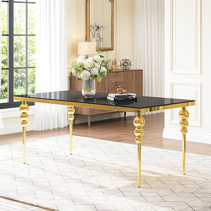 70 Inch Glass Dining Table for 6-8, Luxurious Rectangular Kitchen Table with Black Tempered Glass Top, Gold Stainless Steel Legs for Dining Room, Restaurant, Living Room