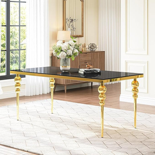 70 Inch Glass Dining Table for 6-8, Luxurious Rectangular Kitchen Table with Black Tempered Glass Top, Gold Stainless Steel Legs for Dining Room, Restaurant, Living Room