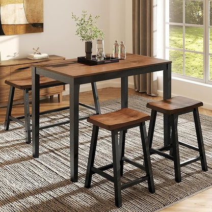 MFSTUDIO Dining Table Set for 4, Counter Height Table and Chairs, Kitchen Table Set with Bench, Breakfast Bar Table and Chairs Set Space Saving, Walnut & Black