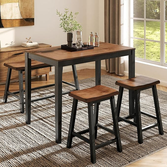 MFSTUDIO Dining Table Set for 4, Counter Height Table and Chairs, Kitchen Table Set with Bench, Breakfast Bar Table and Chairs Set Space Saving, Walnut & Black