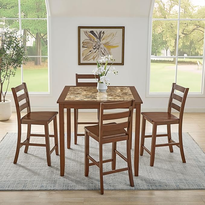 SOFTSEA Dining Table Set for 4, 5 Piece Dining Table Set with Chairs, Mid Century Modern Counter Height Counter Height Kitchen Table Set with 4 Chars, Save Space, Brown