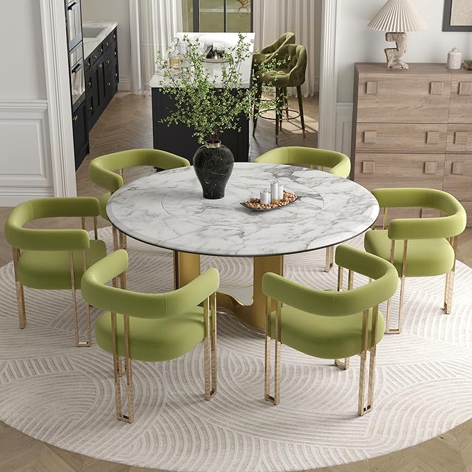 Hyfirm Green and Gold Modern Dining Chairs Set of 6, Velvet Upholstered Barrel Armchairs with Metal Legs for Kitchen Island, Mid Century Accent Chairs for Dining Room Living Room, Open-Back
