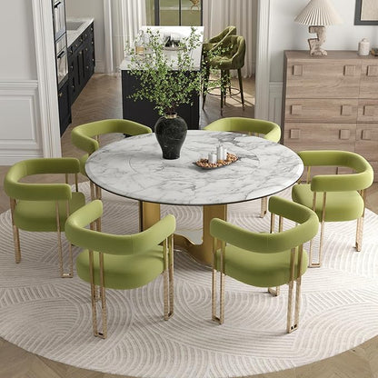 Hyfirm Green and Gold Modern Dining Chairs Set of 6, Velvet Upholstered Barrel Armchairs with Metal Legs for Kitchen Island, Mid Century Accent Chairs for Dining Room Living Room, Open-Back