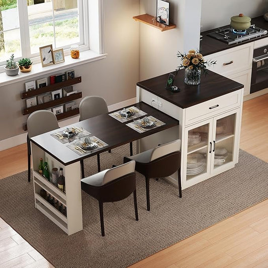 GOWE 83.1'' Extendable Kitchen Island with Slide Out Table and Storage Racks for 2-6 Person,Kitchen Island with Tempered Glass Doors,Walnut Woodgrain Dining Table,Power Outlet,Bar,Prep Stati