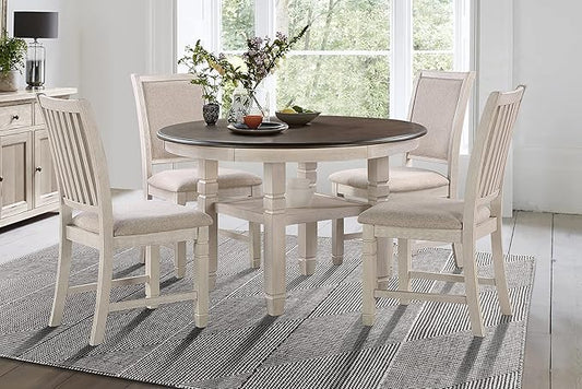 Lexicon Braun 5 Piece Dining Table Set, Dining Room Set for 4, Including 1 Round Kitchen Table with Storage Shelf and 4 Beige Fabric Upholstered Chairs, Antique White/Brown