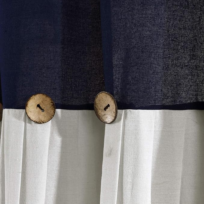 Lush Decor Linen Button Window Curtain Panel, Single, 100" W x 84" L, Navy & White - Country Curtains - Rustic Decor - Color Block Modern Farmhouse Curtains For Living Room, Bedroom & Dining Room