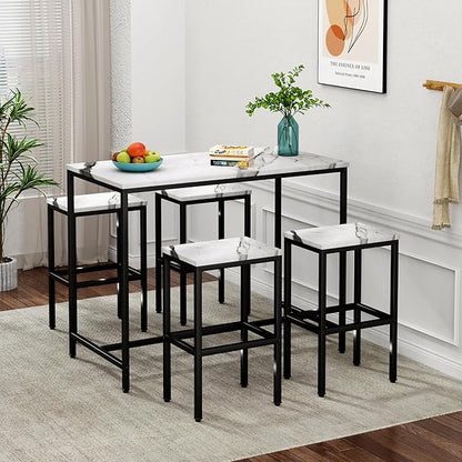 Aklaus 5 Piece Bar Table Set Kitchen Dining Table Set for 4 Modern Counter Height Bar Table with Bar Stools Set of 4 Faux Marble Top Pub Table and Stools for Dining Room Breakfast Nook Home Bar