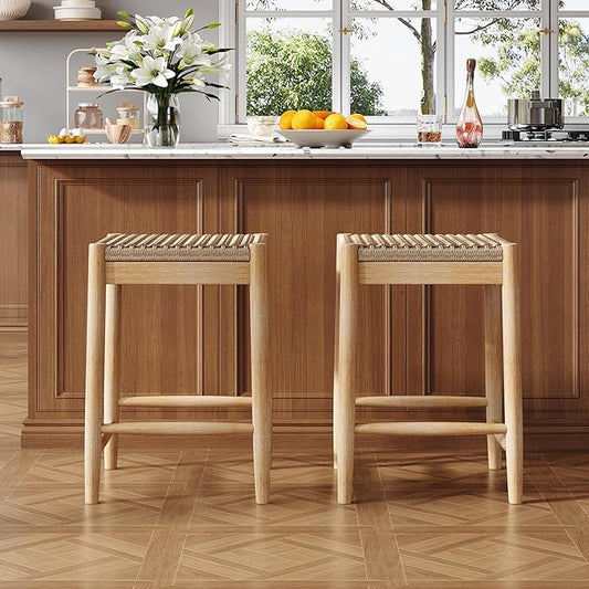 Merax Counter Height Barstools Set of 2, Wood Backless Counter Stools with Acacia Wood Legs and Natural Rattan Seat, 25.8 Inch Bar Stools for Kitchen Island Dining Room