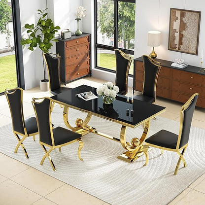 7-Piece Modern Luxury Dining Table Set, 70" Black Tempered Glass Dining Table with Gold Polished Stainless Steel U-Shaped Pedestal Base, 6 Black PU Leather X-Leg Dining Chairs, for Dining Room