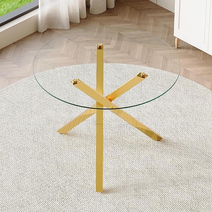 Round Glass Dining Table 39 Inch Modern Round Kitchen Table with Metal Legs Durable Stylish Dinner Table for Dining Room Kitchen