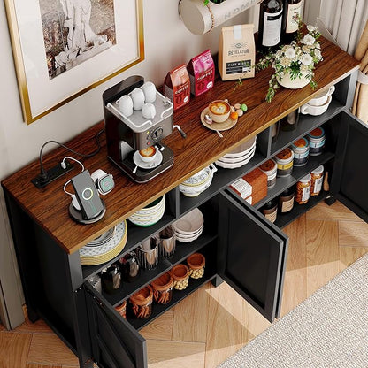 knoworld Buffet Sideboard with Storage with Power Outlets & LED Light 4 Doors, 55'' Large Farmhouse Kitchen Storage Cabinet Wood Coffee Bar Cabinet Buffet Table for Kitchen, Dining Room, Entryway