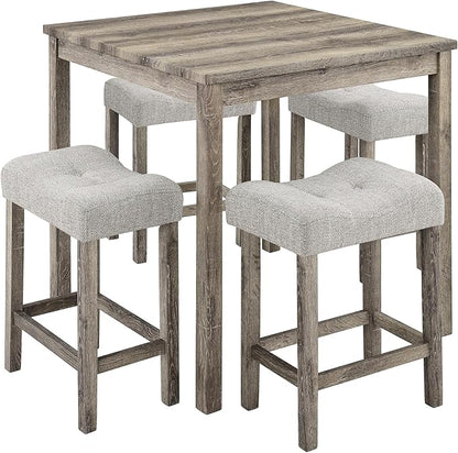 KEIKI 5 Piece Industrial Dining Table Set with 4 Upholstered Bar Stools, Counter Height Kitchen Table and Chairs Set, Space-Saving Breakfast Table Set for Dining Room, Living Room, Apartment, Brown