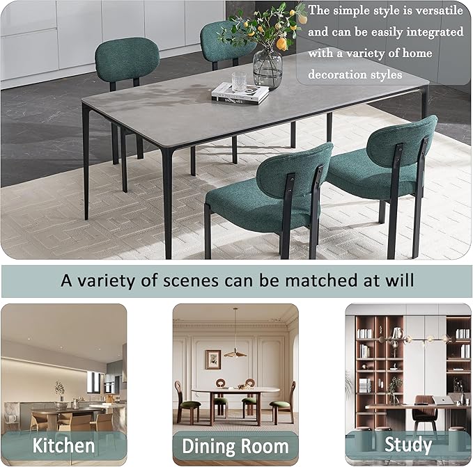Set of 6 Modern Boucle Dining Chairs, Mid-Century Upholstered Chairs with Black Metal Legs, Ideal for Dining Room, Kitchen Island, Living Room, Bedroom, Home Office, Antique Green